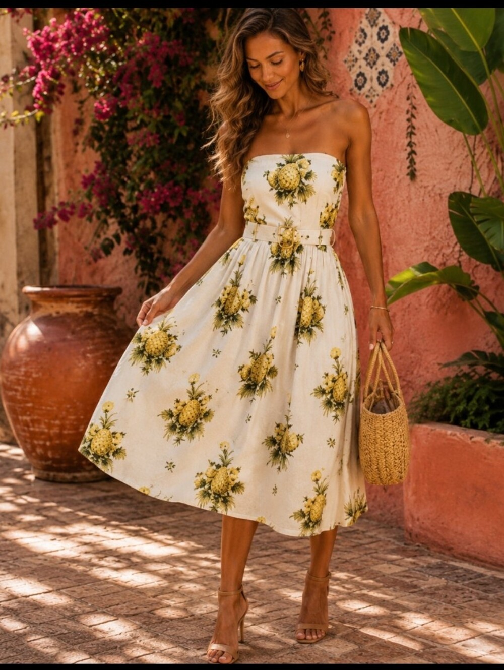 Tahari Pineapple Print Strapless Linen Blend Midi Dress NWT Size 8 | Tropical